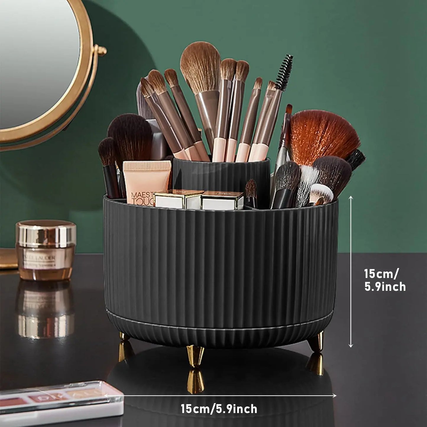 360° Rotating Makeup Brush Holder 5 Slot Cosmetic Organizer for Nail Polishes Skincare Perfumes Desktop Vanity Storage Bathroom